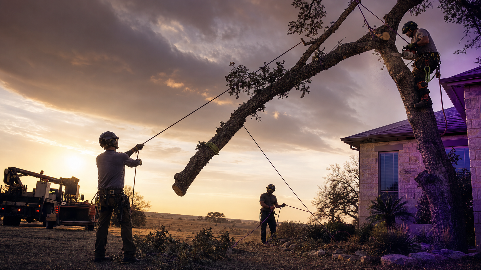 A tree service worker rigging a large limb near a West Texas home