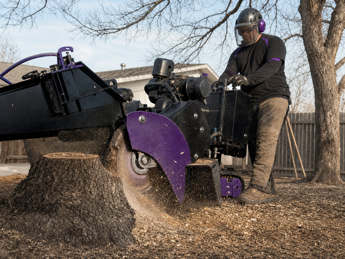 A stump grinder removing an old stump in a dry Abilene yard